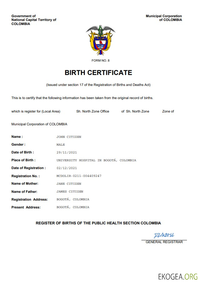 Acte d'état civil de Colombie modèle Word et PDF